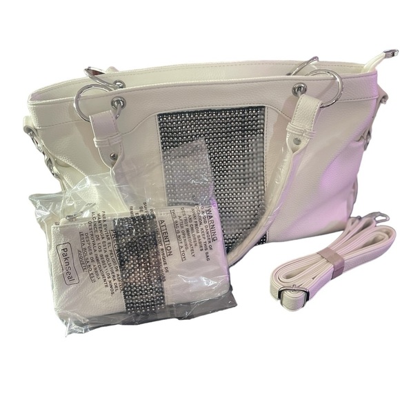 Handbags - Stunning 2 piece Rhinestone Bling Winter White Vegan Leather Handbag Set